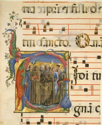 Enluminure de manuscrit avec Tous les Saints dans une initiale V, d
