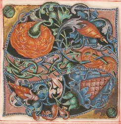 Enluminure de manuscrit avec initiale S, d