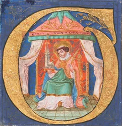 Enluminure de manuscrit avec Saint Trudo Trond dans une initiale O, d