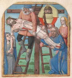 Enluminure de manuscrit avec la Descente de Croix, d