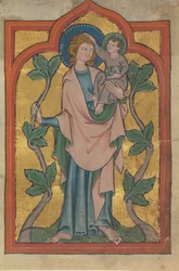 Feuille de manuscrit avec Saint Christophe portant le Christ, allemand ou suisse, début du 14e siècle