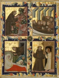Feuille de manuscrit avec des scènes de la vie de Saint François d