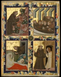 Feuille de manuscrit avec des scènes de la vie de Saint François d