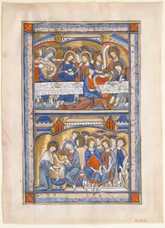 Feuille de manuscrit avec la Cène et le Lavement des pieds des apôtres, vers 1250-70