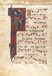 Feuille de manuscrit avec le martyre de Saint Pierre Martyr dans une initiale P, vers 1270-80