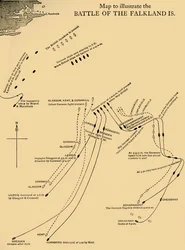 Carte illustrant la bataille des îles Falkland le 8 décembre 1914, vers 1920