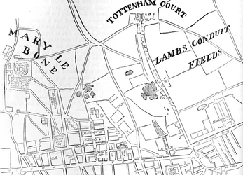Carte de Rathbone Place et de ses environs, Westminster, Londres, 1746 1878
