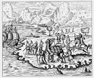 Marchands transportant des marchandises vers la côte et un navire en attente à dos de chameau, 1575