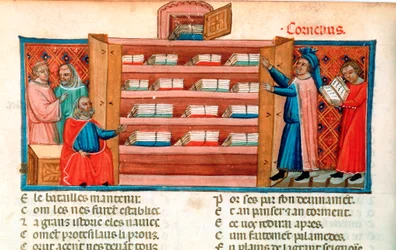 Moines et étudiants dans une bibliothèque, 15e siècle