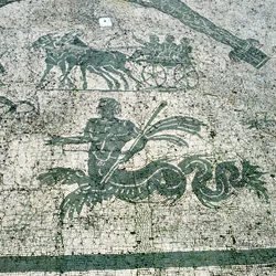 Mosaïque, Chariots tirés par des mules avec des voyageurs, Cisarii. Ier siècle après J.-C.