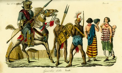 Garde du corps monté du cheikh de Bornu avec lancier Kanembu et archer Munga, Empire de Kanem-Bornu