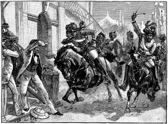 Cavaliers rebelles sepoys chargeant dans les rues de Delhi, mutinerie indienne, mai 1857 vers 1895