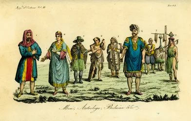 Homme musulman en pèlerinage à La Mecque 1, femme musulmane 2, homme musulman en tenue de voyage 3, musulman ordinaire 4, saint derviche 5, astrologue ou Tagessa 6, muletier 7, barbier ou Kagiem 8, fille bédouine près de Beja (Beggia) 9