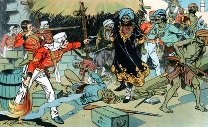 Mutins attaquant le magasin à Delhi, Mutinerie indienne, 11 mai 1857, vers 1900