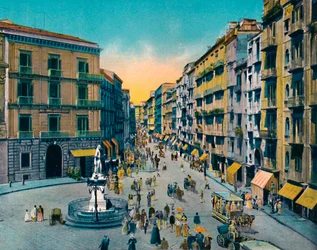 Naples - Via Roma, Largo Carità avec monument à Carlo Poerio, c1900