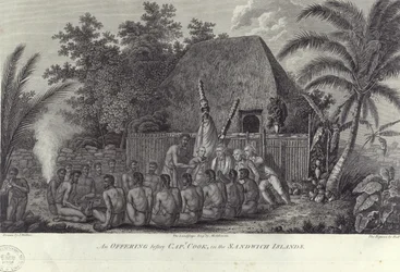 Indigènes des îles Sandwich, Hawaï, abattant des porcs devant le capitaine Cook, vers 1778