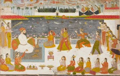 Nawab et dames regardant une nautch sur une terrasse, 1760
