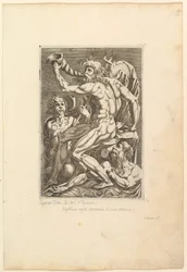 Neptune assis soufflant dans une conque