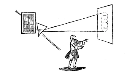 Expérience de Newton divisant la lumière blanche en couleurs du spectre par un prisme, 1757