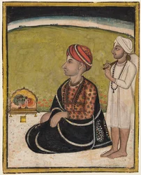 Noble assis sur un parapet extérieur adorant un sanctuaire de Krishna jouant de la flûte, vers 1800