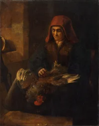 Vieille femme plumant une volaille