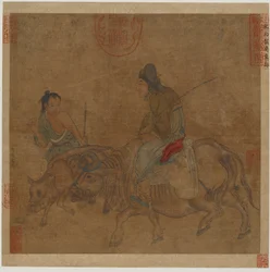 Vieille femme sur un bœuf, avec un garçon de troupeau et un veau