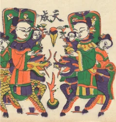 Cent trente-cinq gravures sur bois, y compris des images du Nouvel An nianh..., 19e-20e siècle