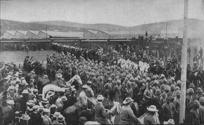 Un des incidents douloureux de la guerre : Troupes britanniques capturées marchant vers Pretoria, 1902