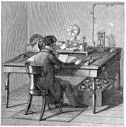 Opérateur envoyant un message sur un télégraphe électrique Morse, 1887