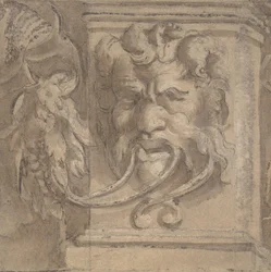 Design ornemental avec masque de style antique, 1550-1600