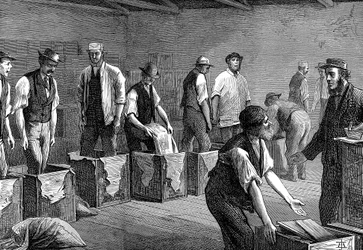 Emballage de thé dans les entrepôts de la East & West India Dock Company, Londres, 1874