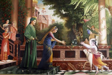 Peinture au Bhaktivedanta Manor représentant le jeune Krishna courant vers Mère Yasoda et Nanda Maharaj (ses parents adoptifs) Watford Grande-Bretagne