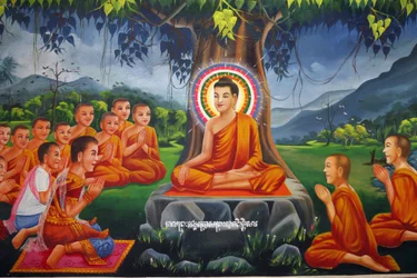 Peinture représentant Bouddha enseignant sous un arbre, avec le roi Bimbisara à Rajagaha Udong Cambodge