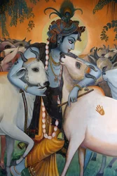 Krishna étreignant des vaches, Inde