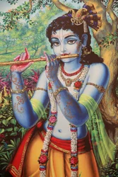 Peinture représentant le dieu hindou Krishna jouant de la flûte en plein air. Inde