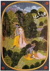 Peinture de Radha et Krishna dans un bosquet