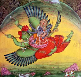 Peinture de Vishnu et de sa consort Lakshmi chevauchant le dieu-oiseau Garuda
