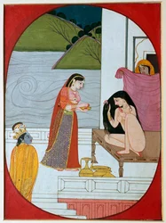 Peinture du dieu Khrishna regardant Radha à son bain, 19ème siècle