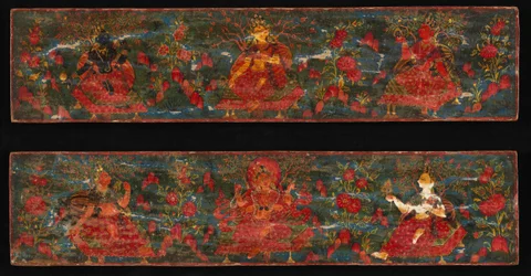 Paire de couvertures de manuscrit avec déesses dans un paysage feuillu, 17ème siècle