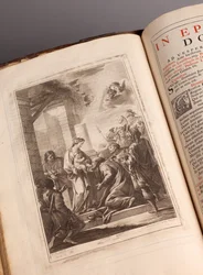Musée paroissial. Missel en latin. Gravures de Joachim Ballester. Papier et cuir. XVIIIe siècle.