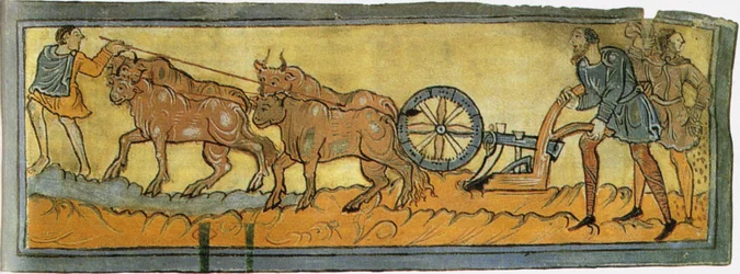 Paysans labourant Miniature du Cotton MS Tiberius, 11ème siècle