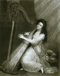 Harpe à pédales avec action de crochet, gravure en couleur de la fin du XVIIIe siècle, 1948