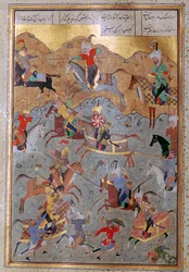 Miniature persane de la bataille entre Alexandre le Grand et Darius, 16ème siècle
