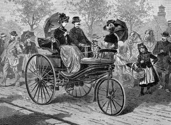 Voiture à essence par Benz & Co., capable de 16 km par heure, vers 1890