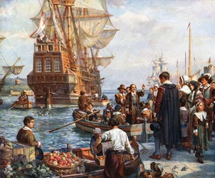 Pères pèlerins embarquant sur le Mayflower