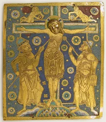 Plaque avec la Crucifixion entre Longinus et Stephaton et des personnifications..., allemand, vers 1200