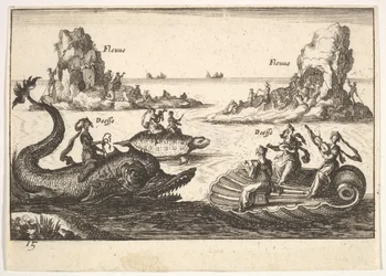 Planche 15 : Fleuves et déesses, avec des îles flottantes guidées par des porteurs de perches, figures féminines..., 1664.