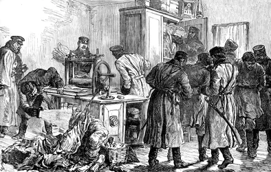 La police découvrant une presse nihiliste, Saint-Pétersbourg, Russie, 1887