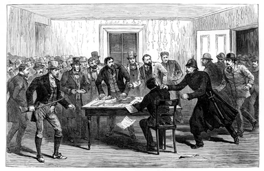 Raid de la police sur les bureaux nationaux des loyers à Loughrea, Irlande, 1887