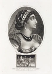 Portrait de Cléopâtre (Théa Philopator, 69-30 avant JC), avec une scène décrivant son accession au trône d